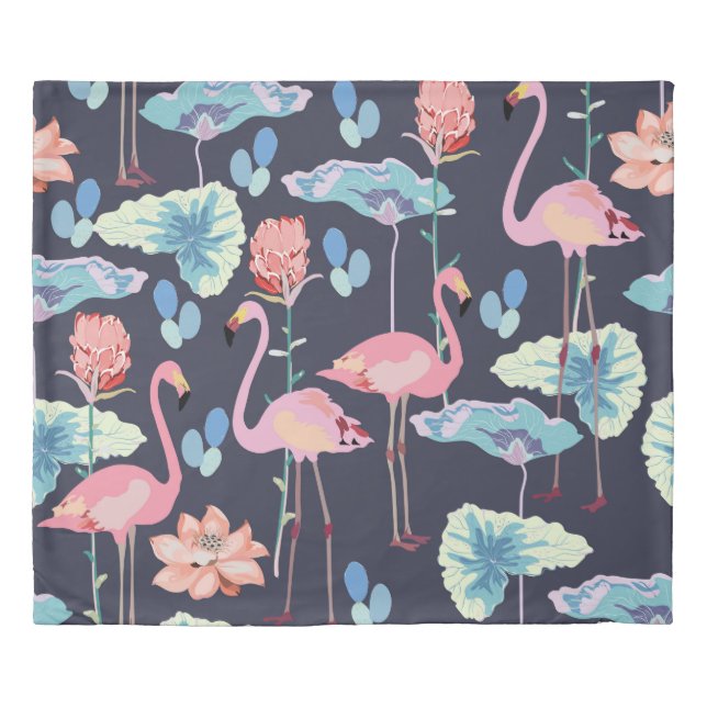 Pink flamingos surrounded by lotus flowers and pro duvet cover (Front)