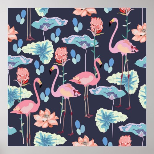 Pink flamingos surrounded by lotus flowers and pro poster