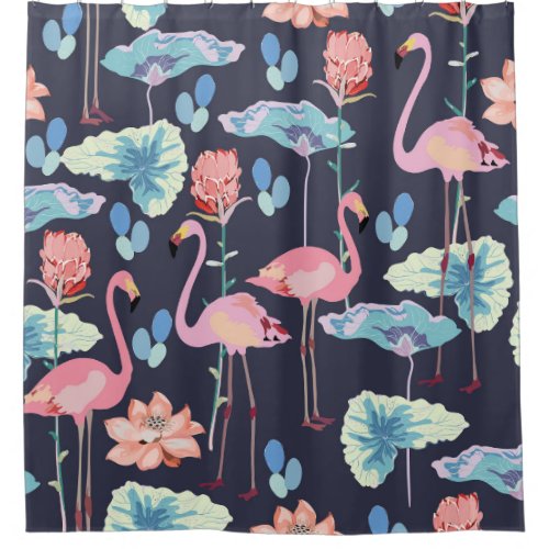Pink flamingos surrounded by lotus flowers and pro shower curtain