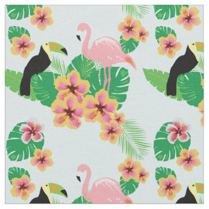 Pink Flamingos, Toucans, Tropical Flowers Fabric