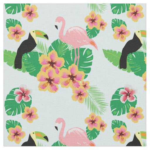 Pink Flamingos, Toucans, Tropical Flowers Fabric