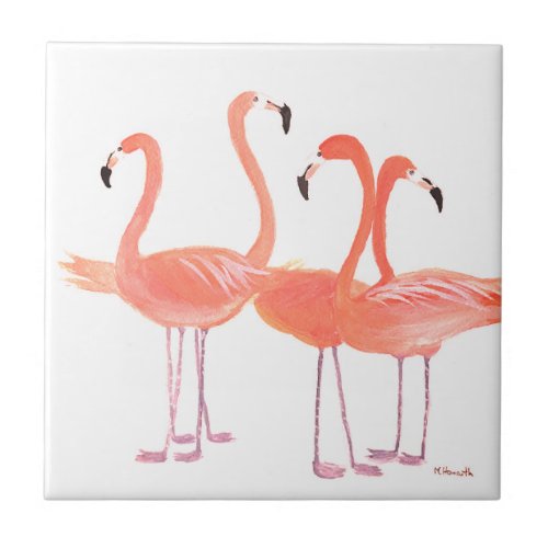 Pink flamingos Tropical birds watercolor Cute Ceramic Tile