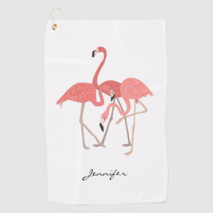 Pink Flamingos Tropical Birds with Your Name Golf Towel