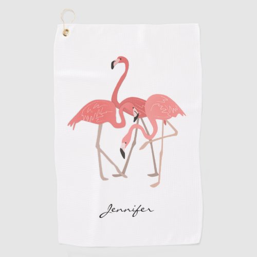 Pink Flamingos Tropical Birds with Your Name Golf Towel