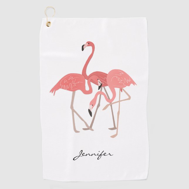 Pink Flamingos Tropical Birds with Your Name Golf Towel (Front)
