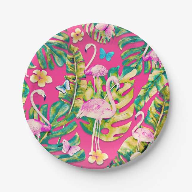 Pink Flamingos Tropical Botanical Butterfly Garden Paper Plates (Front)