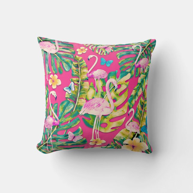 Pink Flamingos Tropical Botanical Butterfly Garden Throw Pillow (Front)