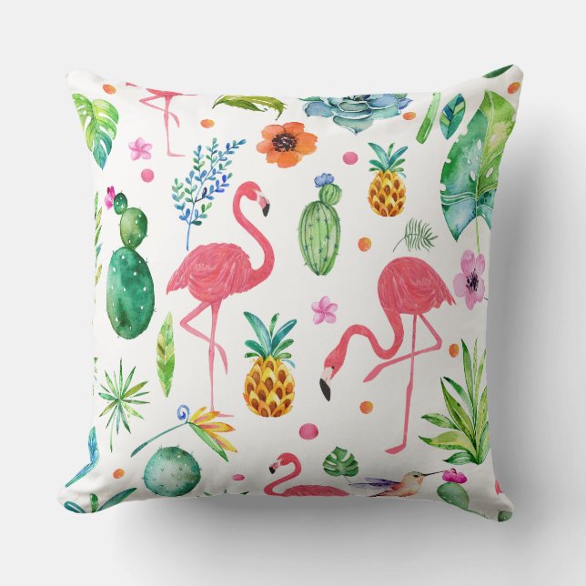 Pink Flamingos & Tropical Cactus Pattern Throw Pillow (Front)