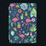 Pink Flamingos & Tropical Colorful Pattern iPad Mini Cover<br><div class="desc">Cute colorful tropical flowers,  animals,  flamingos,  pineapple,  cactus seamless pattern with navy blue changeable background color.</div>