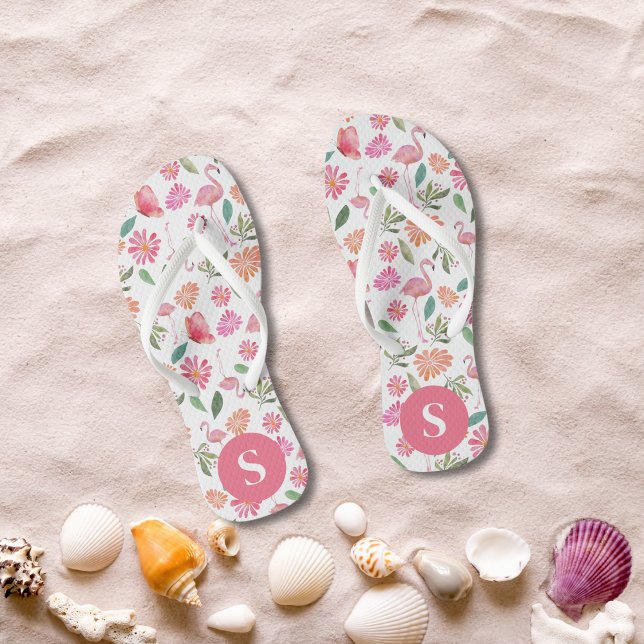Pink Flamingos Tropical Floral Pattern Monogrammed Flip Flops (Creator Uploaded)