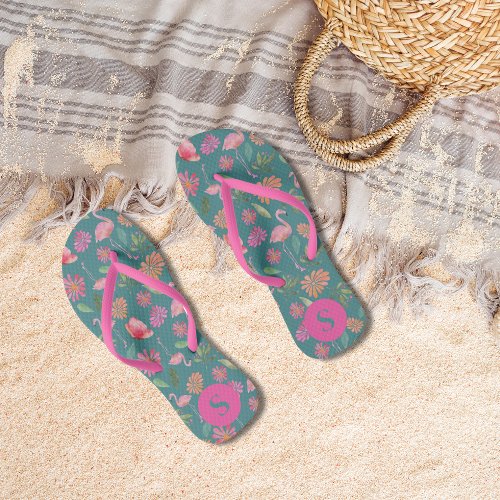 Pink Flamingos Tropical Floral Pattern Monogrammed Flip Flops