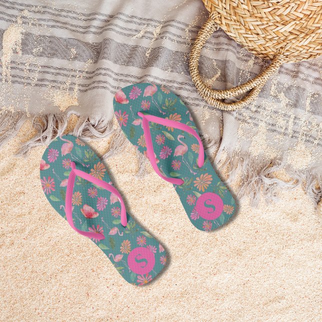 Pink Flamingos Tropical Floral Pattern Monogrammed Flip Flops (Creator Uploaded)