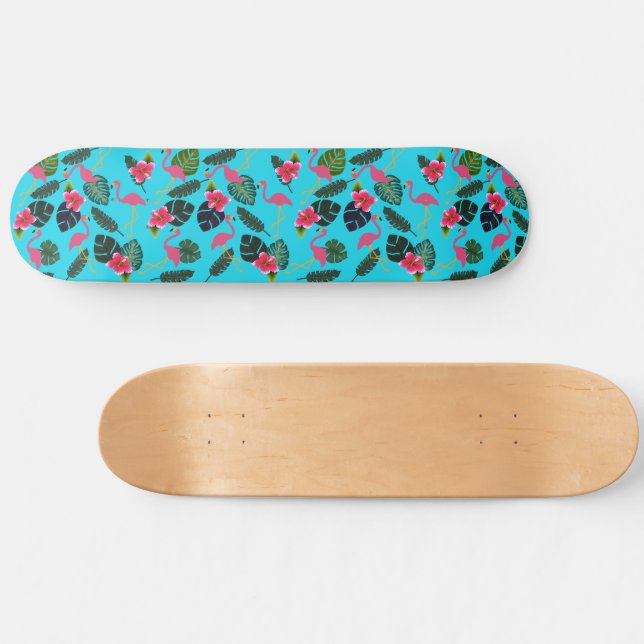 Pink Flamingos Tropical Flowers Beautiful Skateboard (Horz)