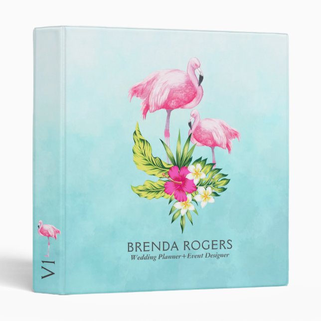 Pink Flamingos & Tropical Flowers Bouquet 3 Ring Binder (Front/Spine)