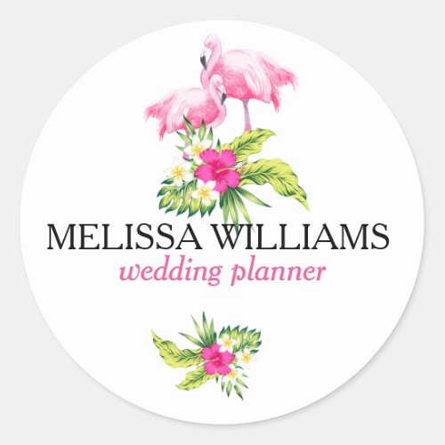 Pink Flamingos  Tropical Flowers Bouquet Classic Round Sticker