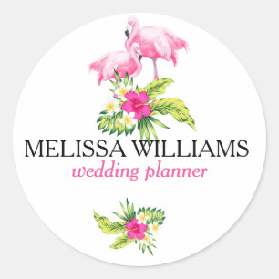 Pink Flamingos & Tropical Flowers Bouquet Classic Round Sticker