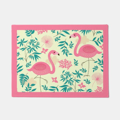 Pink Flamingos  Tropical Flowers Doormat