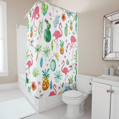 Pink Flamingos  Tropical Flowers Pattern Shower Curtain
