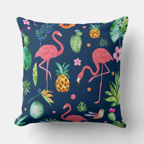 Pink Flamingos  Tropical Flowers Pattern Throw Pillow