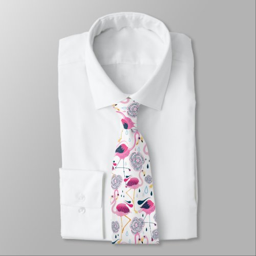 Pink Flamingos Tropical Flowers Pattern Tie