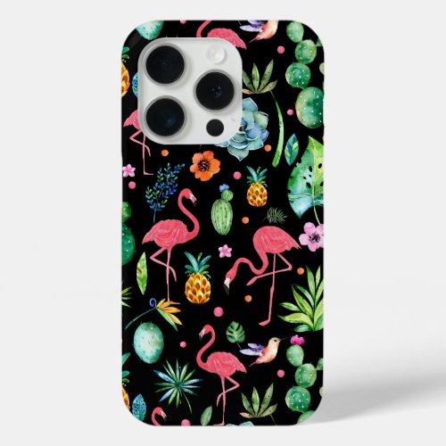 Pink Flamingos Tropical Flowers Succulents  iPhone 15 Pro Case