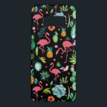 Pink Flamingos & Tropical Flowers & Succulents Case-Mate Samsung Galaxy S8 Case<br><div class="desc">Cute pink flamingos with tropical flowers,  leafs,  birds,  and pineapple over black background.</div>