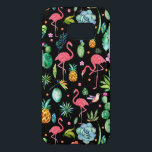Pink Flamingos & Tropical Flowers & Succulents GR3 Samsung Galaxy S7 Case<br><div class="desc">Cute pink flamingos with tropical flowers,  leafs,  birds,  and pineapple over black background.</div>