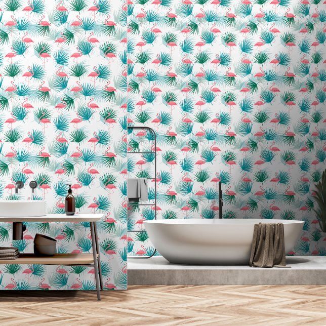 Pink Flamingos Tropical Greenery Pattern Wallpaper (Bathroom)