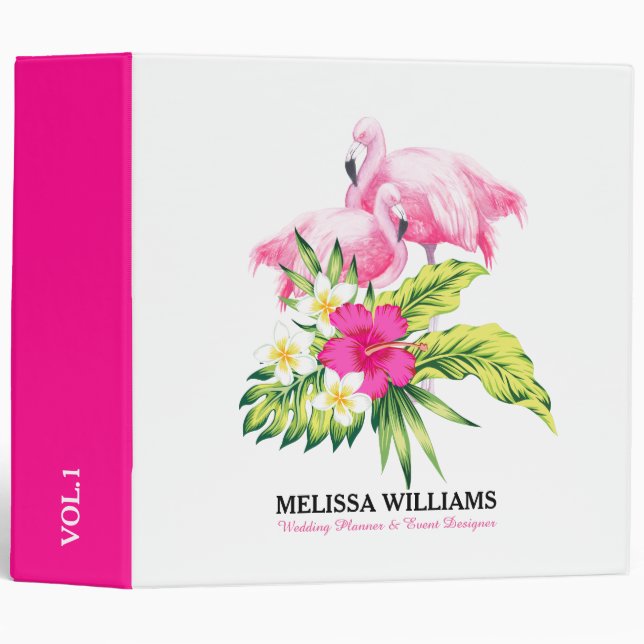 Pink Flamingos & Tropical Hibiscus 3 Ring Binder (Front/Spine)