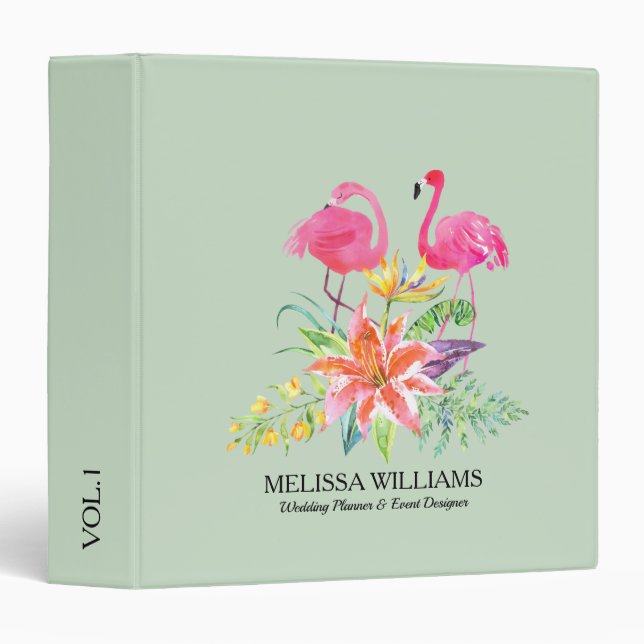 Pink Flamingos & Tropical Hibiscus On Sage Green 3 Ring Binder (Front/Spine)