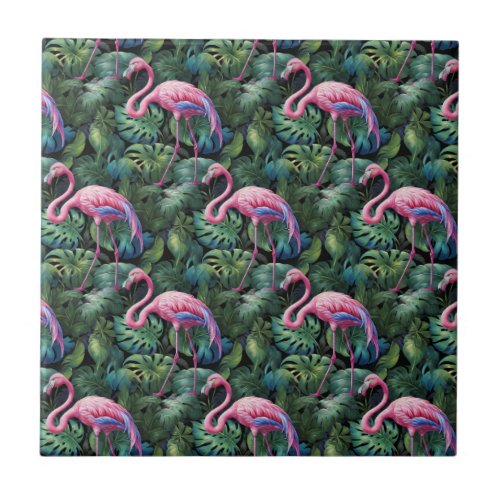Pink Flamingos Tropical Jungle Pattern Ceramic Tile