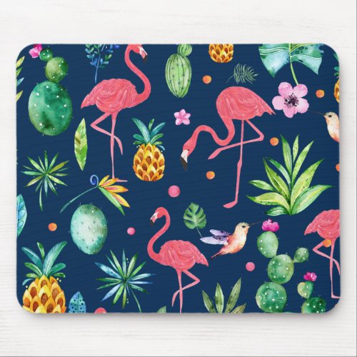 Pink Flamingos  Tropical Leafs  Flowers Pattern Mouse Pad