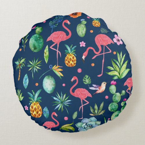 Pink Flamingos  Tropical Leafs Fruit  Flowers Round Pillow