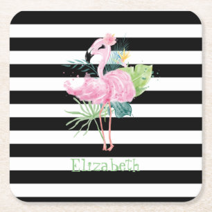 Pink Flamingos,Tropical Leave ,Black White Stripes Square Paper Coaster
