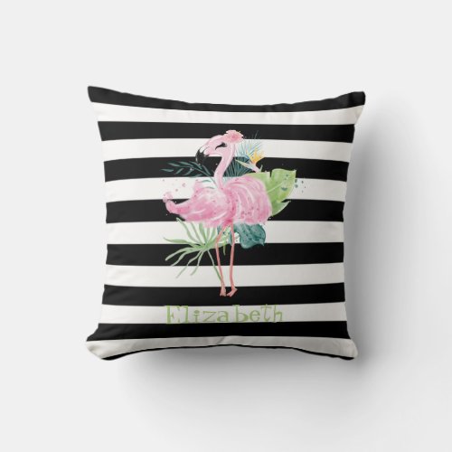 Pink FlamingosTropical Leaves Black Stripes Throw Pillow