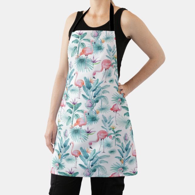 Pink flamingos tropical leaves pattern apron (Insitu)