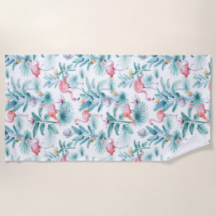 Pink flamingos tropical leaves pattern beach towel