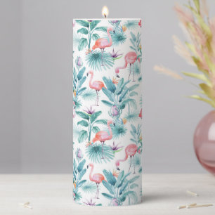 Pink flamingos tropical leaves pattern pillar candle