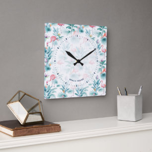 Pink flamingos tropical leaves pattern square wall clock