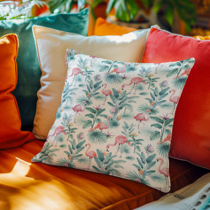 Pink flamingos tropical leaves pattern throw pillow