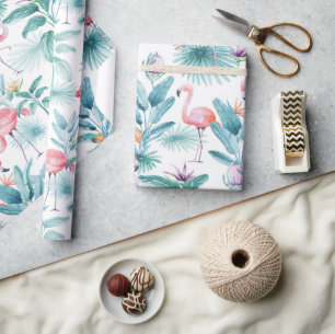Pink flamingos tropical leaves pattern wrapping paper