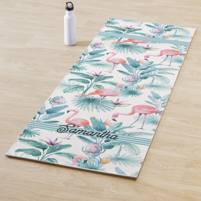 Pink flamingos tropical leaves pattern yoga mat (In Situ)