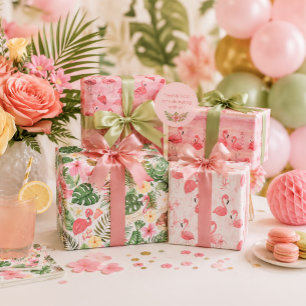 Pink Flamingos Tropical Leaves Wrapping Paper Sheets