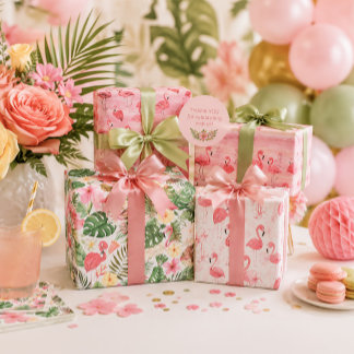 Pink Flamingos Tropical Leaves Wrapping Paper Sheets