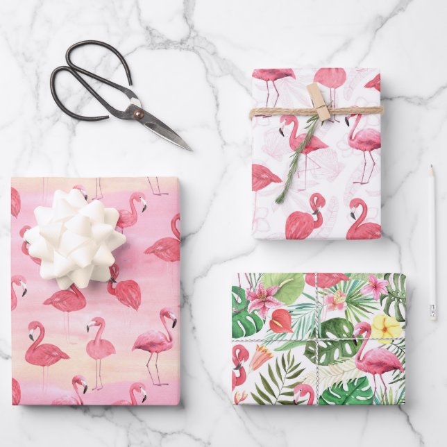 Pink Flamingos Tropical Leaves  Wrapping Paper Sheets (Front)