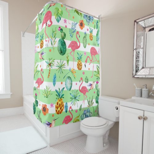 Pink Flamingos  Tropical Melody Pattern Shower Curtain