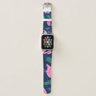 Pink flamingos, tropical palms, hand-drawn seamles apple watch band