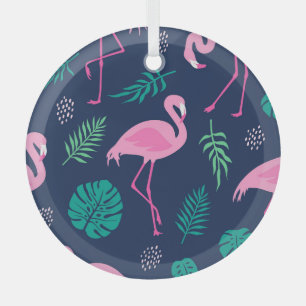 Pink flamingos, tropical palms, hand-drawn seamles glass ornament