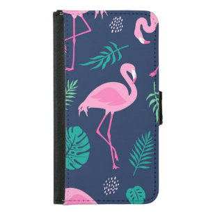 Pink flamingos, tropical palms, hand-drawn seamles samsung galaxy s5 wallet case