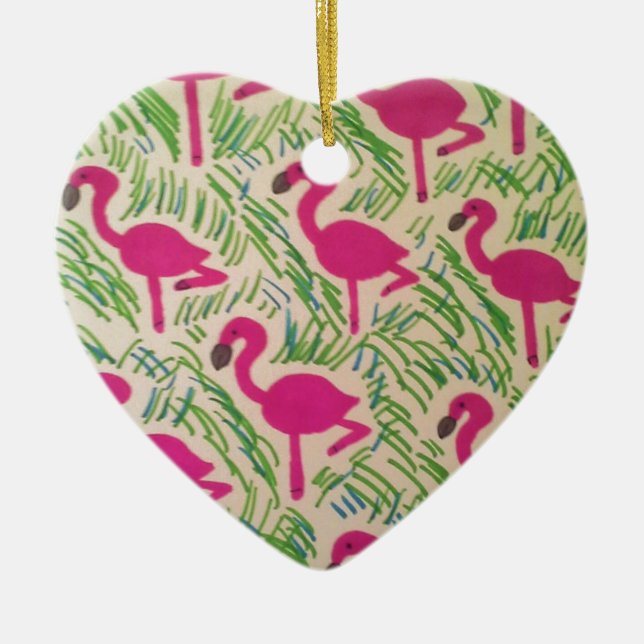 Pink Flamingos Tropical Pattern Ceramic Ornament (Front)